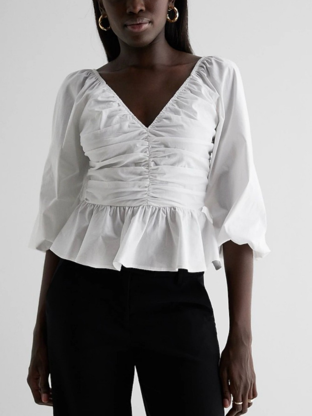 Express XL White Ruched Peplum V-Neck Blouse